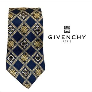 Givenchy 90's Men's Navy and Gold Geometric Print Silk Tie
